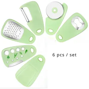 Kitchen Gadgets Set 6 Pieces – Space Saving RV and Camp Kitchen Utensils, Stackable Tools Including Cheese Grater, Pizza Cutter, Bottle Opener, Vegetable Peeler, Garlic Grinder, Herb Stripper Thanksgiving tableware Christmas