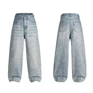 Women's Retro Rhinestone Polka Dot Frayed High Waist Straight Leg Jeans Denim Casual Bottom Trouser Streetwear Comfort Maternity Basic Minimalist Picture Color Clothing baggy jeans