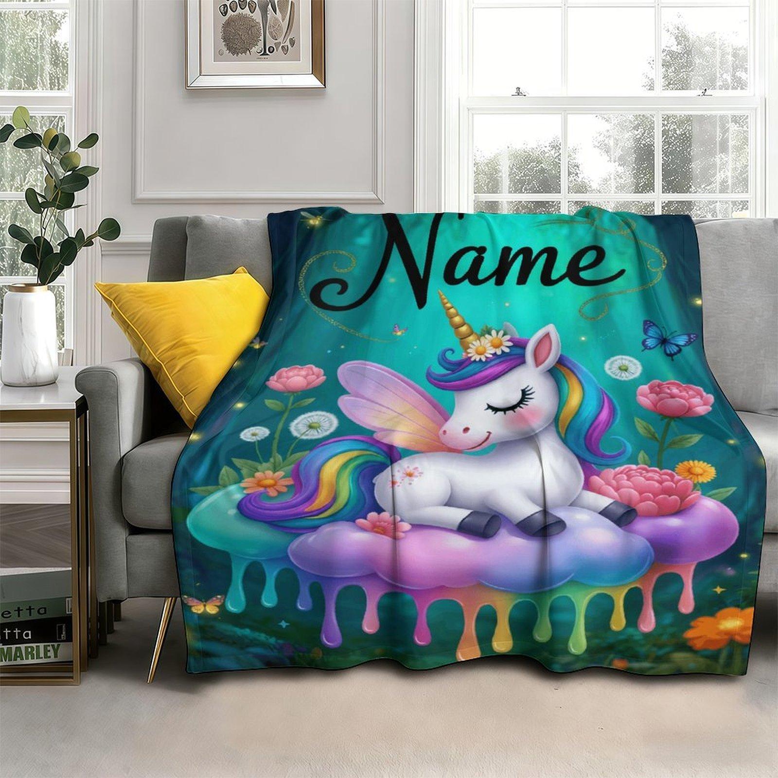 Custom Pink Unicorn Flannel Blanket ,Personalized Name Gift ,Suit for The Sofa, Bed, Travel, Camping, Living Room, Office, Chair，Gifts for Family or Child  ,Friend , Send your custom text via shop chat to personalize
