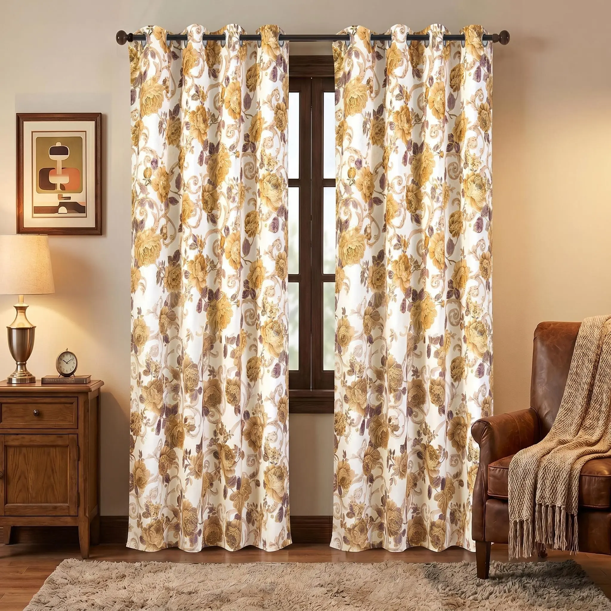 Glam Foil Rose Print Full Blackout Grommet Curtains (2-Panel Coverage, 52x84 in) - Noise-Reducing Home Decoration Curtain, Blackout Covers for Apartment, Bathroom, Vintage Textile Window Drapes, QF261