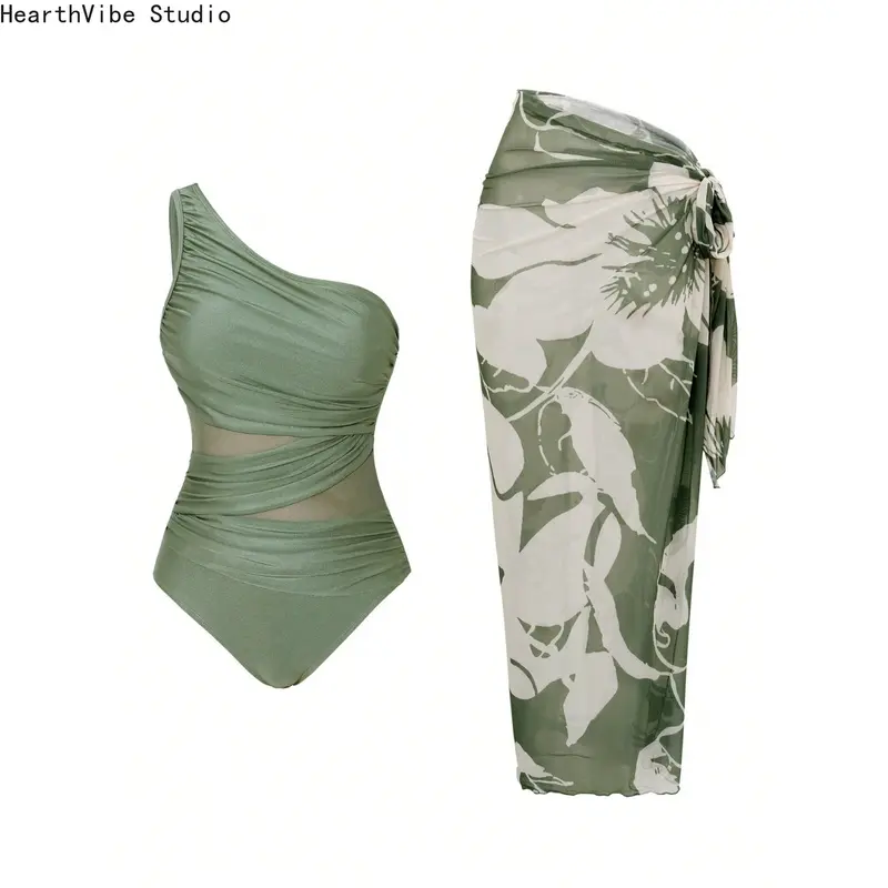 2026 Women’s One Shoulder Mesh Swimsuit with Skirt – Boho Vintage One Piece Swimwear, Pleated Beach Bathing Suit for Vacation, Cruise, Pool Party, Festival & Summer Travel, Bathing Suits 2026, Ruched Swimsuit, Leaf Print Swimsuit