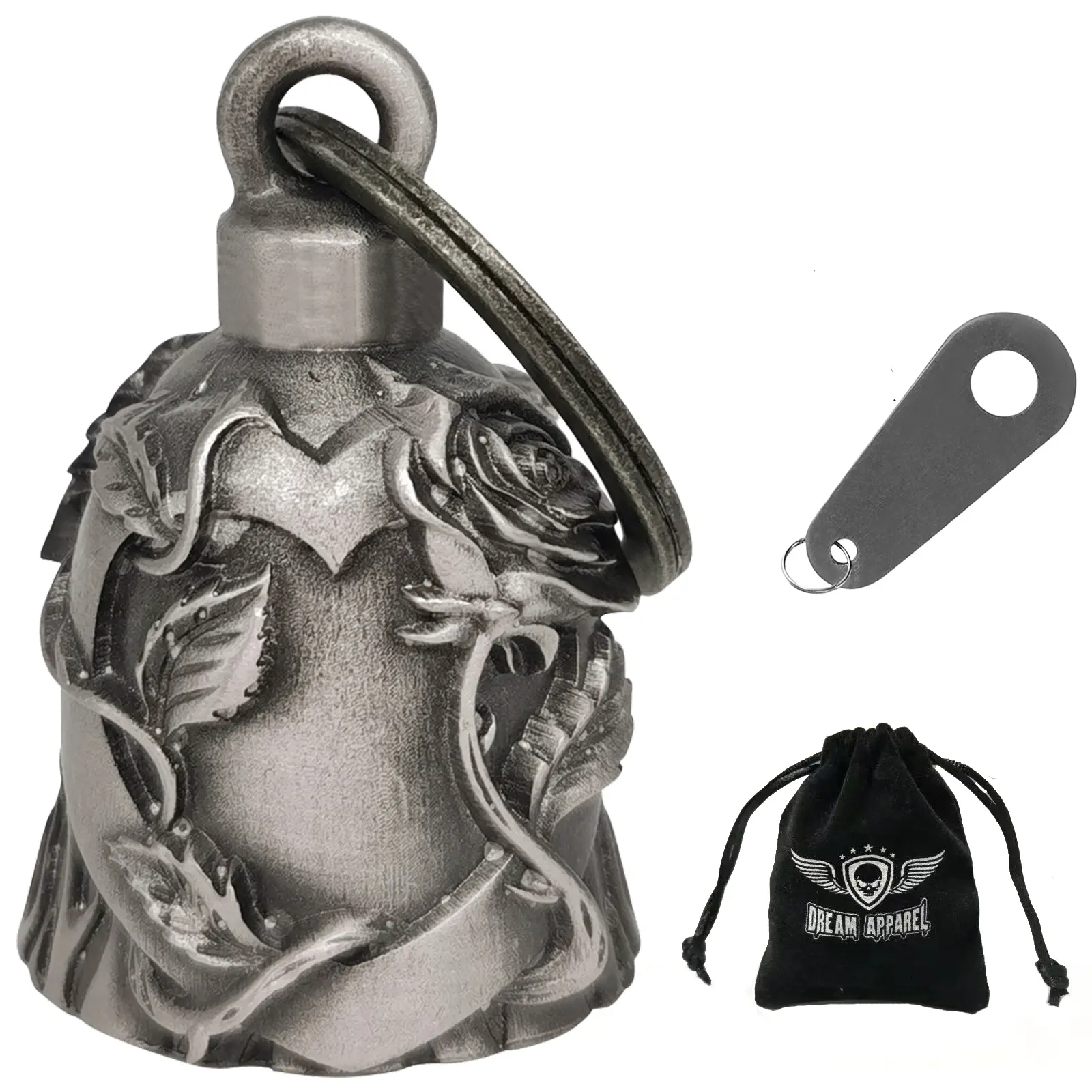 Dream Apparel Heart with Rose Bell, Christmas/Halloween Bell, Gremlin/Guardian Motorcycle Bell/Motorcycle Key Chain For Women Men W/Hanger Biker, Bell For Riders, Good Luck Riding Bell SpiritBell Moto Accessories