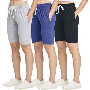 Real Essentials 3 Pack: Womens Cotton Terry Jersey 9" Bermuda Shorts Pockets-Casual Lounge Yoga (Available in Plus Size)