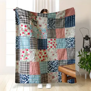 1pc Vintage Patchwork Blanket- Soft Flannel Throw with Floral, Plaid, Pastel Neutral Colors- All-Season Cozy Blanket for Bed, Sofa, Car, Office- Machine Washable- Perfect Housewarming Or Birthday Gift- 250-300Gsm Heavyweight Fabric, Throw Blanket