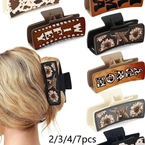 Western Cowboy Style Cute Animal Pattern Hair Claws, Fashionable Hair Accessories for Women, Casual Versatile Hair Accessories for Daily Wear, Hair Clip Set, Flower Claw Clips, Decorative Hair Clips