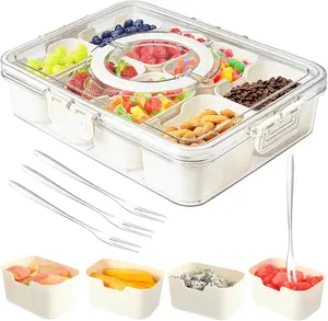 Snackle Box Container,Portable Snack Box 8 Compartment Divided Serving Tray with Lid and Handle,Clear Storage Organizer for Fruit Candy Nuts Veggie-Perfect for Road Travel Party（1 Pack）