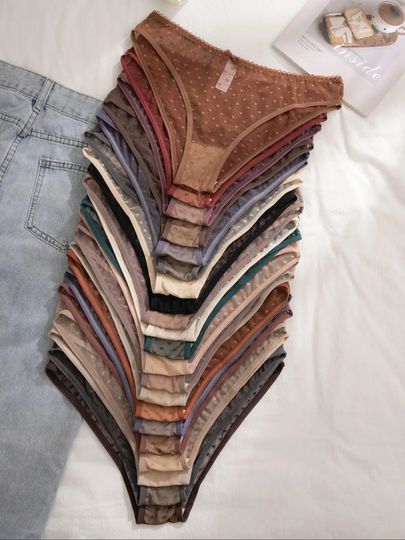 Women's Fitted 21pcs Heart Print Bow Decor Contrast Lace Knicker, Essential Pastel Comfortable Fitted Soft Comfy Panty for Daily Wear, Underwear Sets