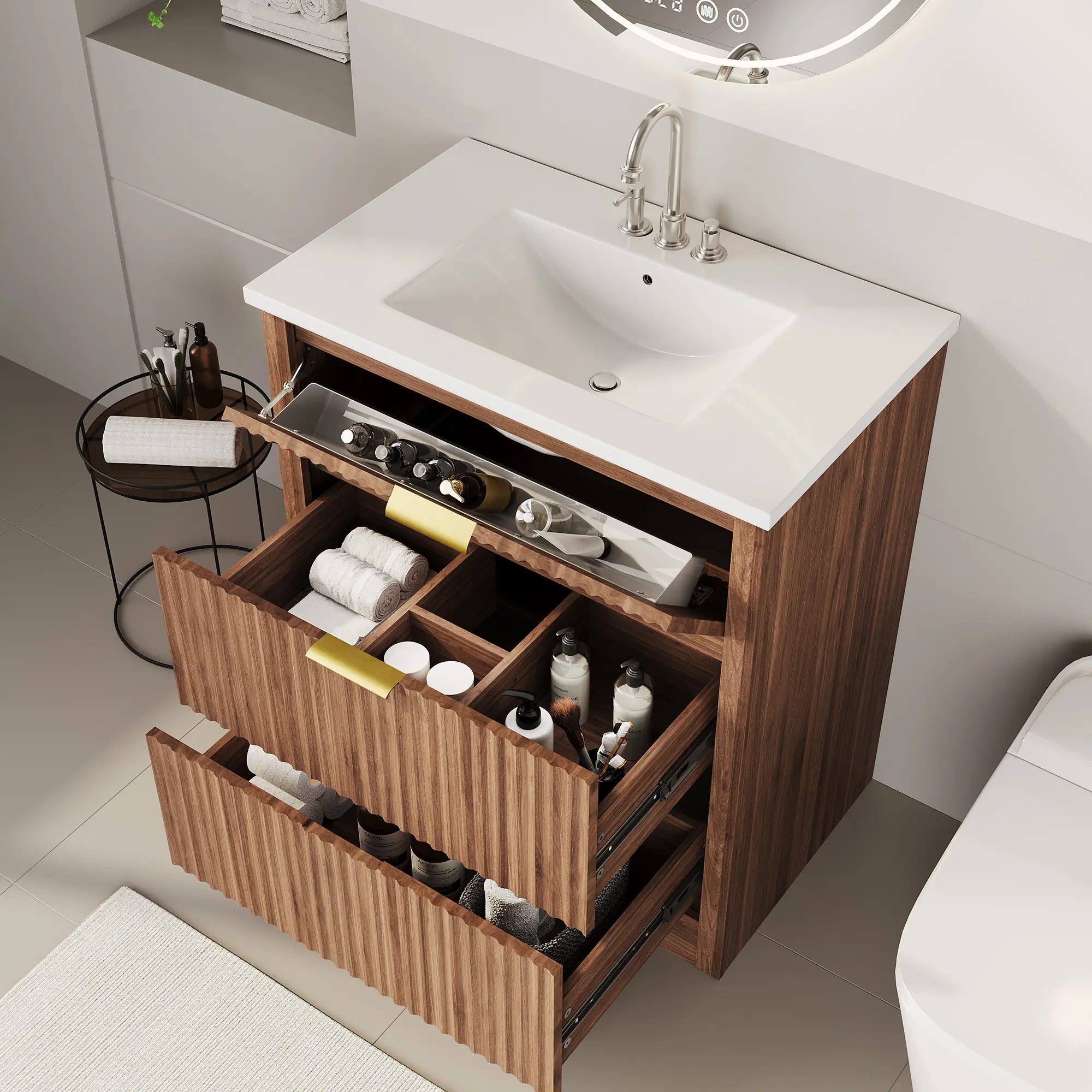 30-In Farmhouse Freestanding Vanity - 1 x Bathroom Vanity with Ceramic Basin, Engineered Wood Natural Oak Finish, 2 Large Drawers & Drop-Down Rotate Drawer, Spacious Storage, Easy Assembly & Cleaning, 35.98x18.31x34.02 in/24.02x18.31x34.02 in, Indoor, Mod