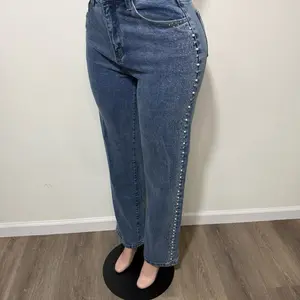 Denim Jeans with Rhinestones on Side Seam