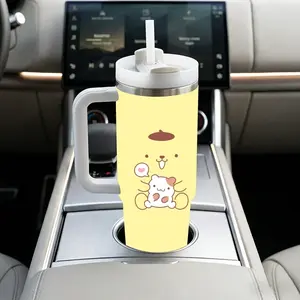 Pom Pom Purin Vacuum Flasks 40oz Insulated Tumbler with Handle & Straw, Vacuum Stainless Steel Travel Mug, Leak-Resistant Cup Keeps Drinks Cold 12 Hours for Coffee, Water, Gym & Travel