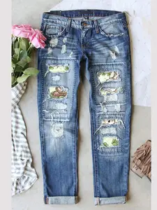 Women's Patch Ripped Distressed Mid-Waist Boyfriend Fit Washed Cute Easter Rabbits Eggs Print Loose Denim Jeans Elastic Waistband Breathable Comfy for All Seasons