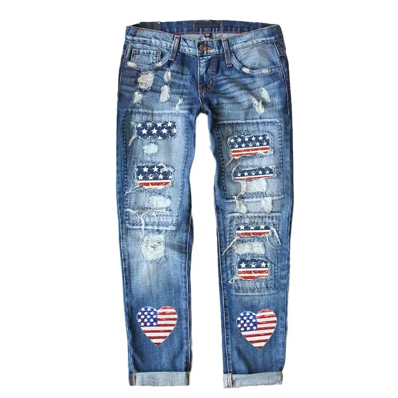 Women's Distressed 9/10 Length Jeans - Independence Day Theme, Heart American Flag Print, Washed Rolled Hem, Vintage Minimalist Soft Casual Street Style Patchwork Pants, Retro, Basic, Denim, Sweatshirt, Trouser, Flat, Bottom, Slim, Design Jeans, Graphic,