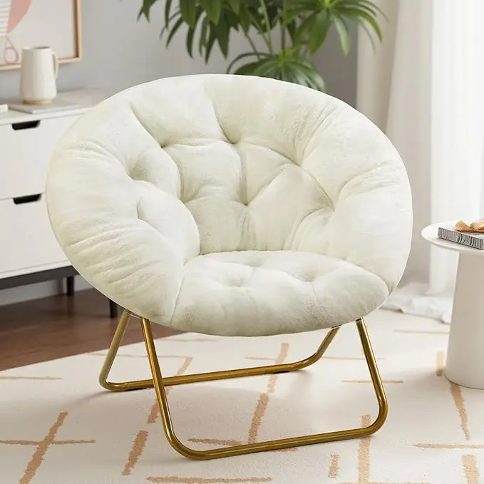Oversized Faux Fur Saucer Chair, XL Round Foldable Lounge Chair, Comfy Accent Moon Mushroom Seat for Bedroom Dorm Gaming Small Spaces