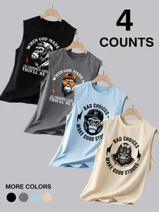 Men's Gorilla Quote Print Sleeveless Vest, Satirical Round Neck Top, Casual Fitness & Street Style Sporty Vest, Casual Athletic Wear Set of 4