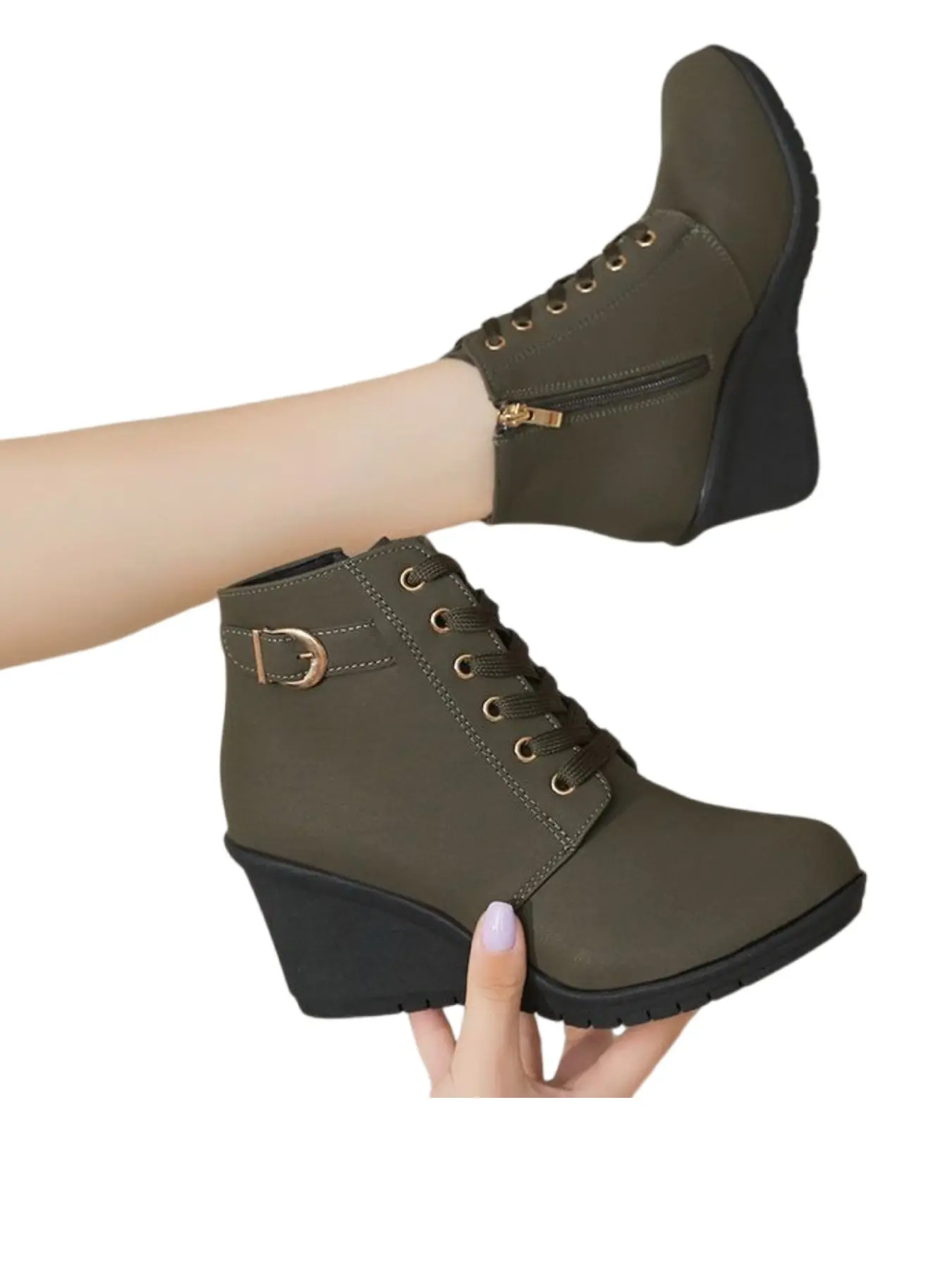 British Style Wedge Short Boots for Women, Western Ankle Boots, Metal Buckle Lace-Up PU Leather Boots, Height-Boosting Casual Ankle Boots for All Seasons, British Style Footwear