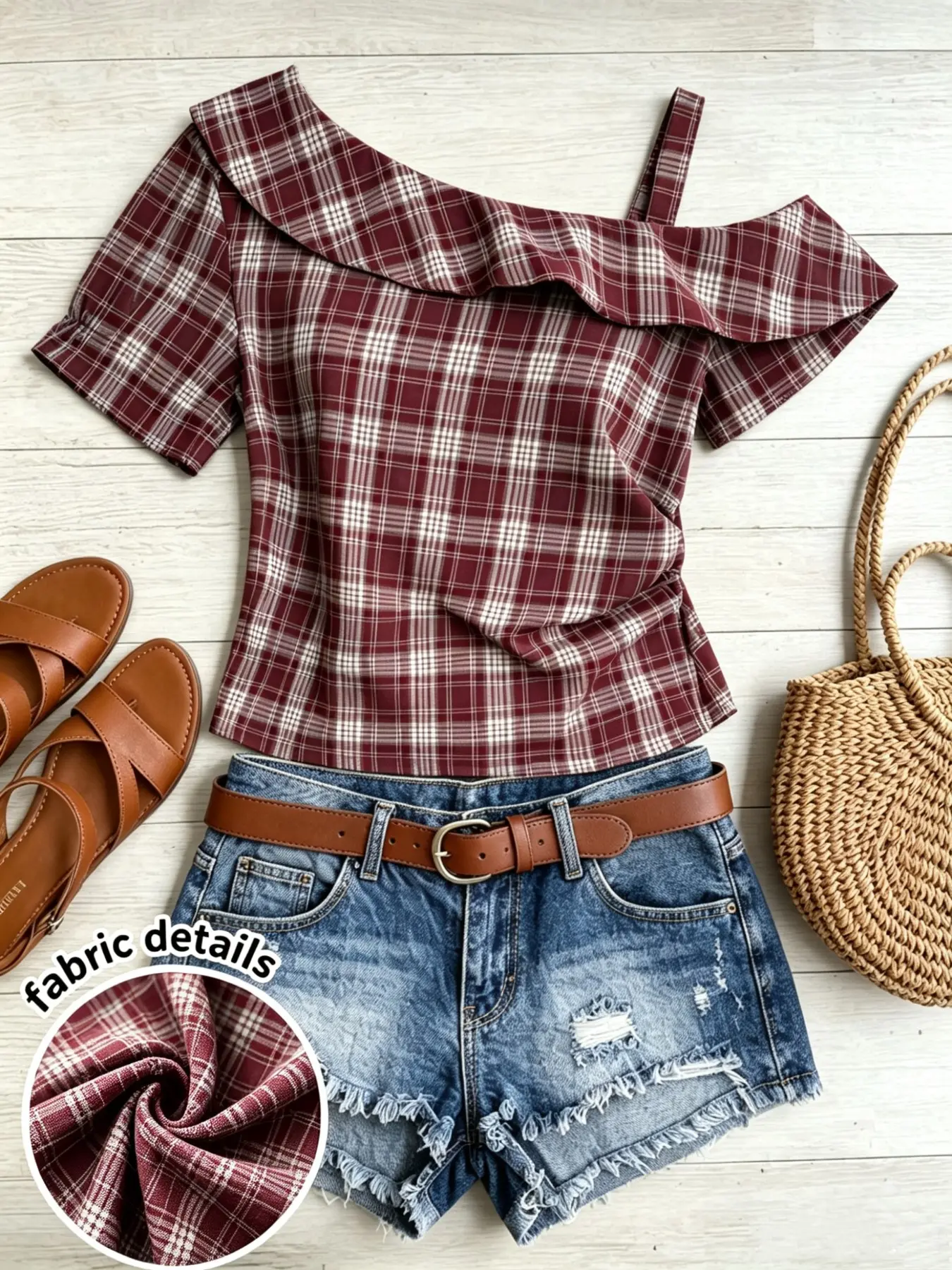 Women's Wine Plaid Off-Shoulder Top, Asymmetrical Ruffle Short Sleeve Shirt, Vintage Check Slim Fit Short Top, Fashionable Ladies' Clothing, Boho Top, Classy Fashion, Casual Elegant Ruffle Trim