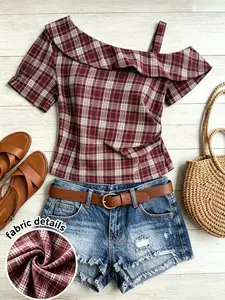 Women's Wine Plaid Off-Shoulder Top, Asymmetrical Ruffle Short Sleeve Shirt, Vintage Check Slim Fit Short Top, Fashionable Ladies' Clothing