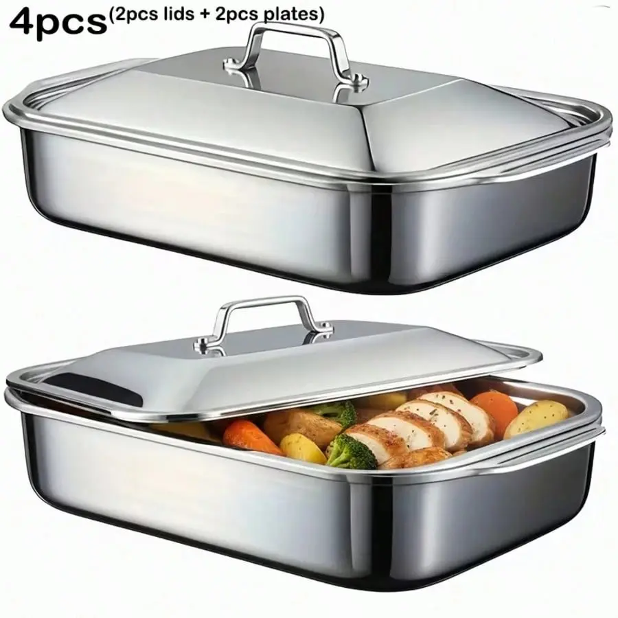 2-Pack Extra Large 16x9x3in Stainless Steel Rectangular Baking Trays with Lids, Perfect for Use As Oven Trays, Serving Dishes, And Versatile Heating Trays for Grilling, Home Cooking, Festive Meals Heat Resistant Bakeware