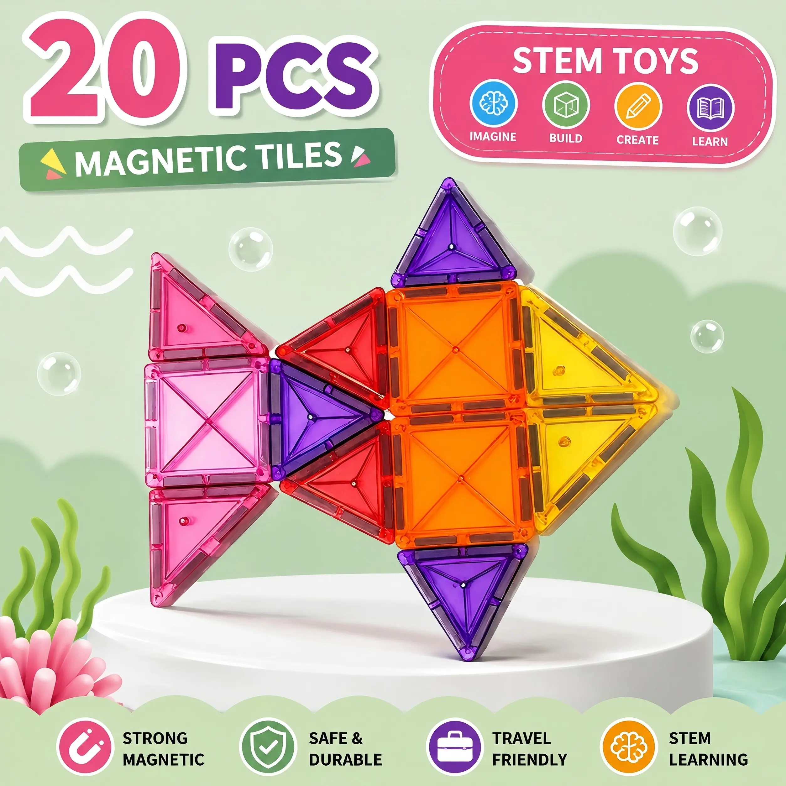 20PCS Mini Transparent Magnetic Tiles Building Block Sets, Portable Montessori STEM Play Toy for Toddlers+ 3+, Travel Educational Birthday Gift for Kids