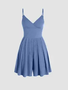 2026 Summer New Fashion Women's Casual Plain Solid Basic Ribbed Sleeveless Halter Fitted Short Jumpsuit, Pocket Design Beach Jumpsuit, Sexy Slim-Fitting Style