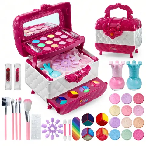 Kids Makeup Set for Girls, Washable Makeup Kit with Carrying Case and Mirror, Color Palettes, Lip Colors, Nail Polish and Brushes, Dress Up and Birthday Gift