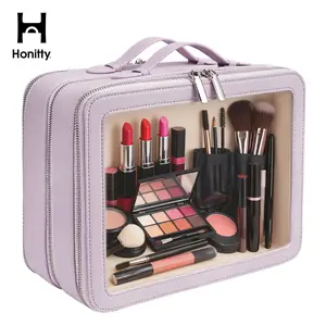 Honitty Clear Makeup Bag Large Toiletry Case for Women PU Leather Travel Cosmetic Bag Detachable Makeup Case Double Compartment Make up Organizer