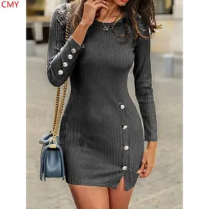 CMY Button Sexy Hip-Hugging Long Sleeve Dress Homecoming Dresses Sundresses