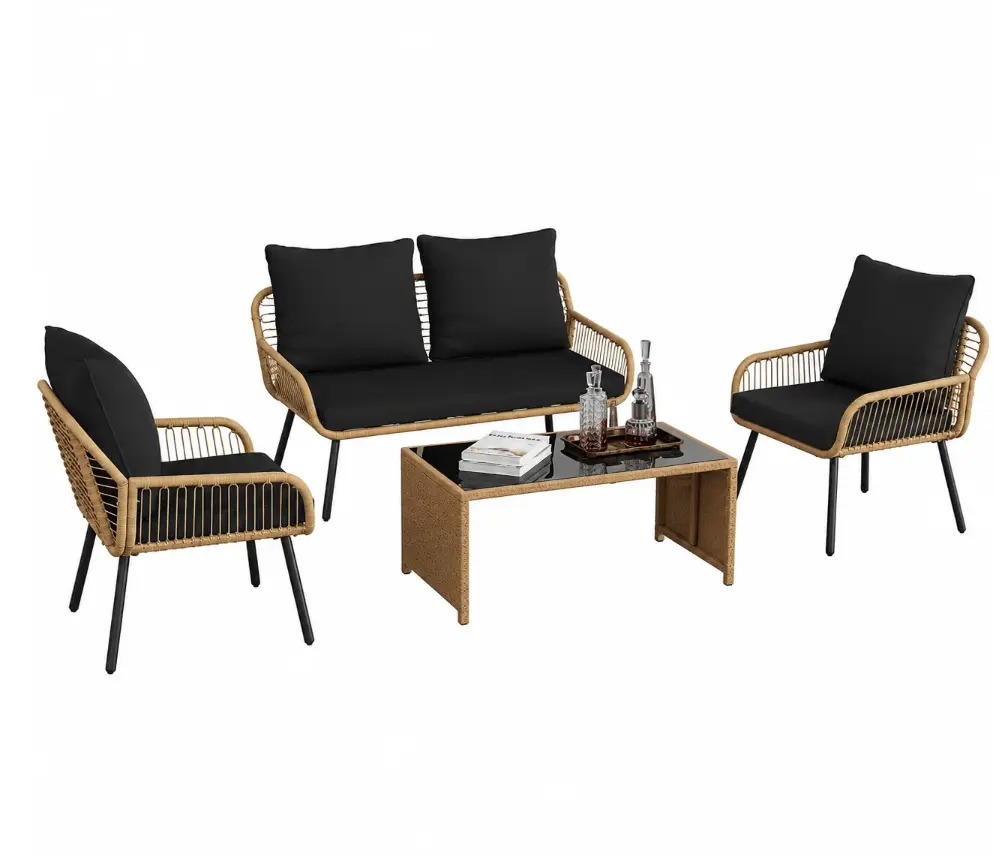 GARVEE Garvee 4-Piece Outdoor Wicker Sofa Set, PE Rattan Patio Conversation Set with Loveseat, 2 Chairs, Cushions & Glass Table,Straight-leg, Black