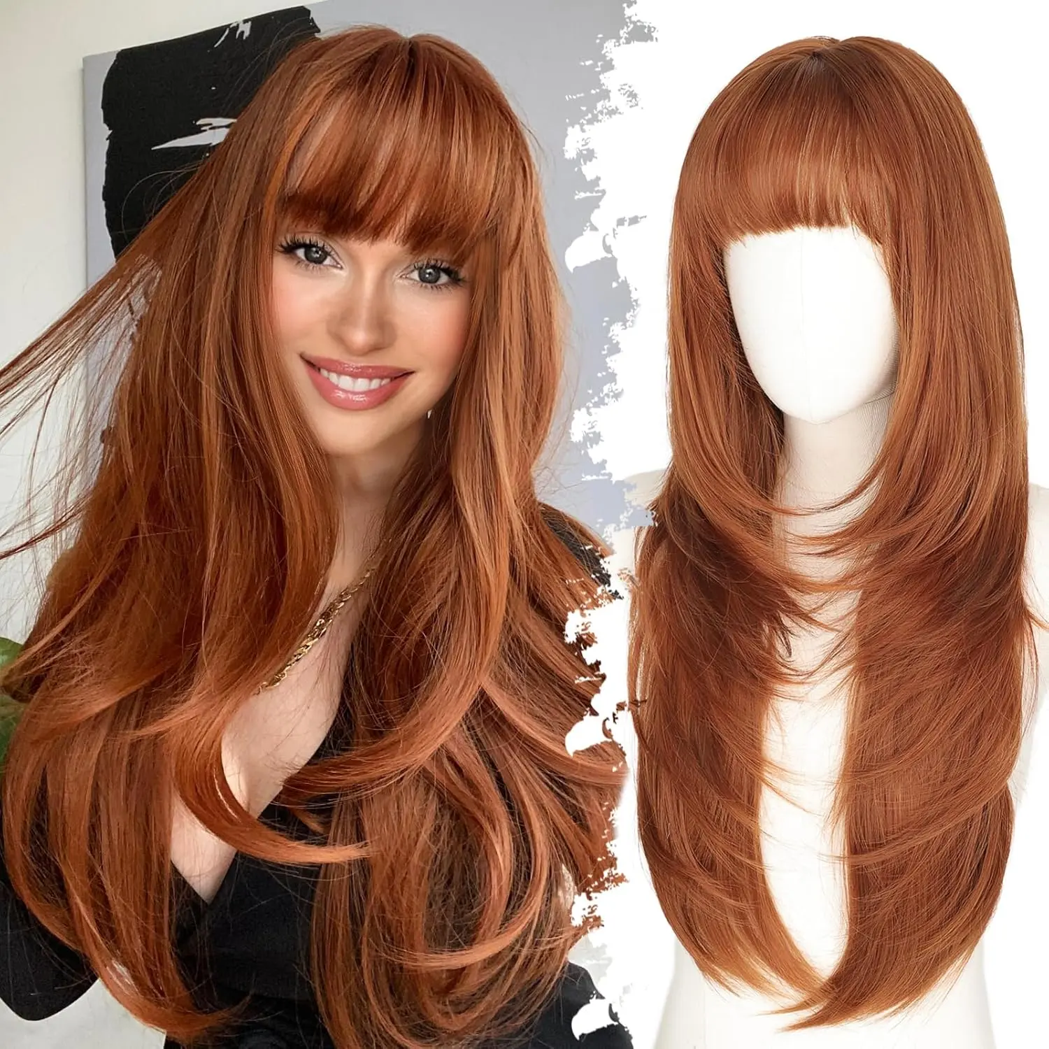 Long Ginger Wig with Bangs for Women 26 inch Layered Hairstyle Synthetic Heat Resistant for Daily Party Use