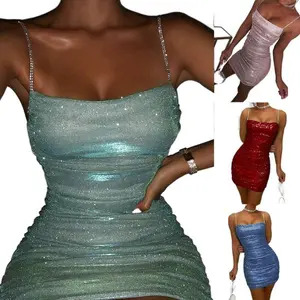 Glitter Ruched Bodycon Mini Dress for Women| Rhinestone Spaghetti Straps Sparkly Metallic Party Dress| Club Night Birthday Evening Outfit for Ladiesv