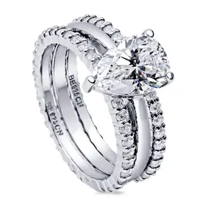 BERRICLE Sterling Silver Solitaire Wedding Engagement Rings Statement Stackable Band for Women, 1.8 Carat Pear Cut Cubic Zirconia CZ Ring Set