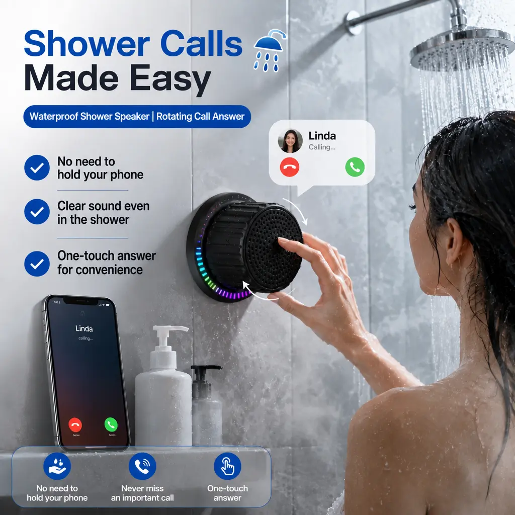 Portable Bluetooth speaker, stereo sound effect, bathroom shower speaker, magnetic design with rotary knob and volume control for making phone calls, IPX5 waterproof | 24-hour playback time, wireless speaker suitable for home, outdoor and travel use