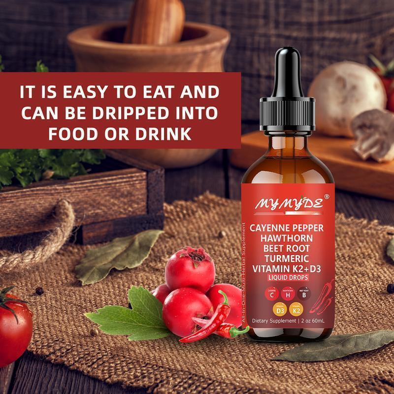 Cayenne Pepper Supplement Liquid Drops + Hawthorn Berry, Vitamin D3 K2 Organic Beet Root Powder, Ceylon Cinnamon, Turmeric Curcumin, Panax Ginseng Healthcare Dietary Edible Scented Oil Diffusers