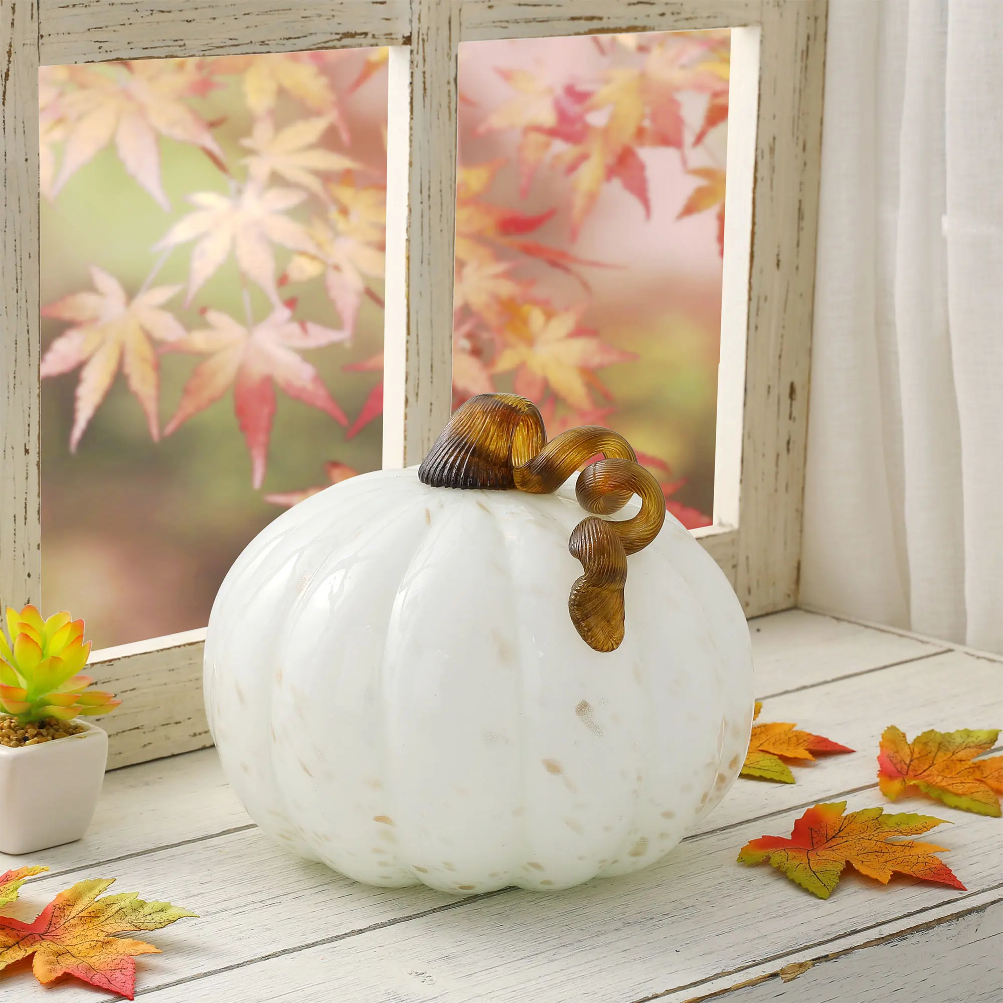 Glitzhome 8.5"D Golden/White Glass Pumpkin