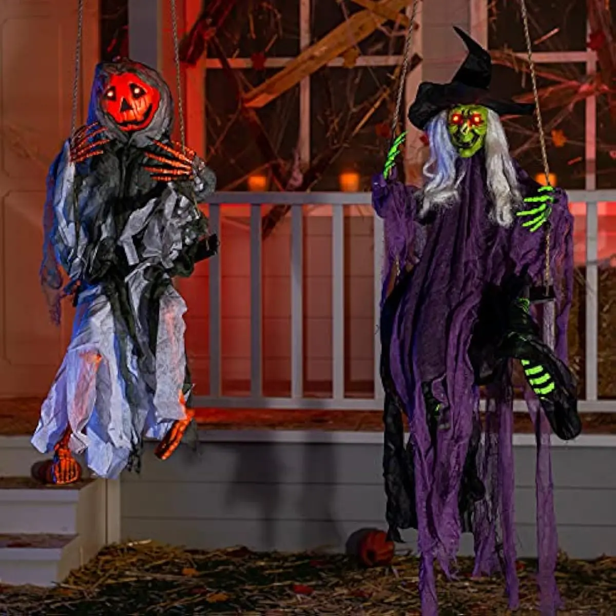 2 Pcs Halloween Hanging Swinging Ghosts Decorations Outdoor, Witch and Pumpkin Face with Lighted Up Eyes, Outside for Yard Patio Lawn Garden Party