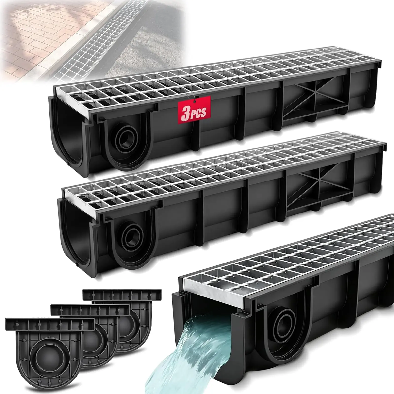 3 Pack 39.4x6.1x5.5in. Trench Drain with Galvanized Steel Grate | B125 Deep Profile Channel Ditch Drainage System Heavy Duty Metal HDPE Perforated Anti Corrosion Driveway Garage Parking Lot