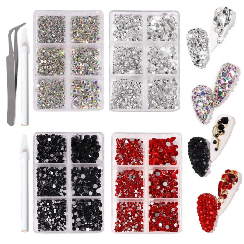 4 box Rhinestones Flatback Glass Crystal Clear Red AB Crystal and Black Rhinestone with Tweezers and Picking Pen for Crafts Clothes Nail Art