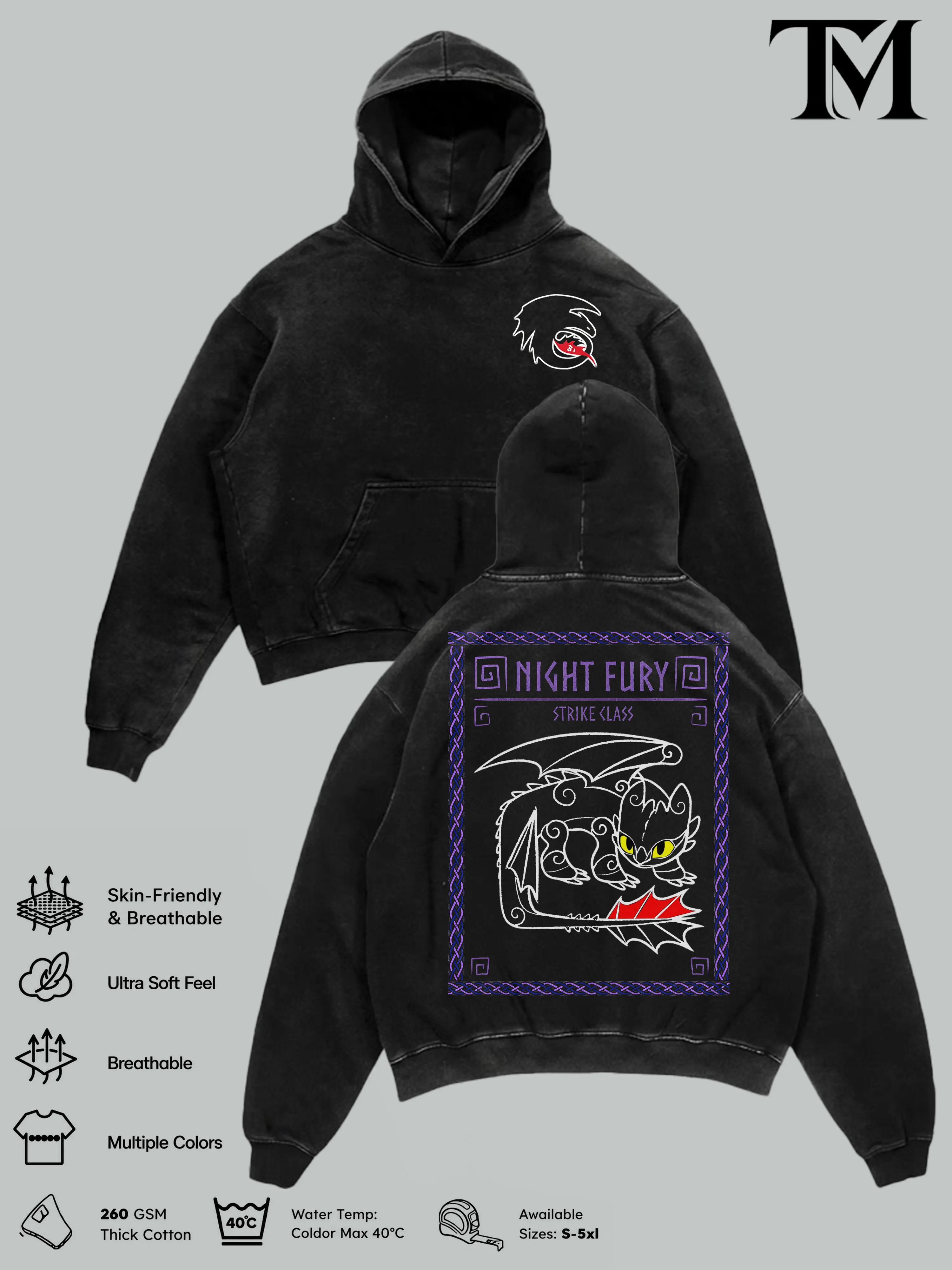 Night Fury Strike Class Vintage Washed Hoodie, Dragon Graphic Pullover, 260GSM Heavy Cotton, Oversized Unisex Streetwear, Fantasy Dragon Fan Gift