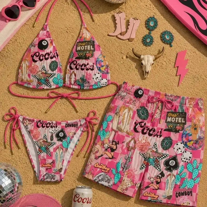 Coors Couples Swimwear Set, Matching Bikini & Men's Beach Shorts, Summer Vacation Outfit, Hawaiian Beachwear Coordinated Set, Tropical Resort Swimwear, Couple Beach Outfit