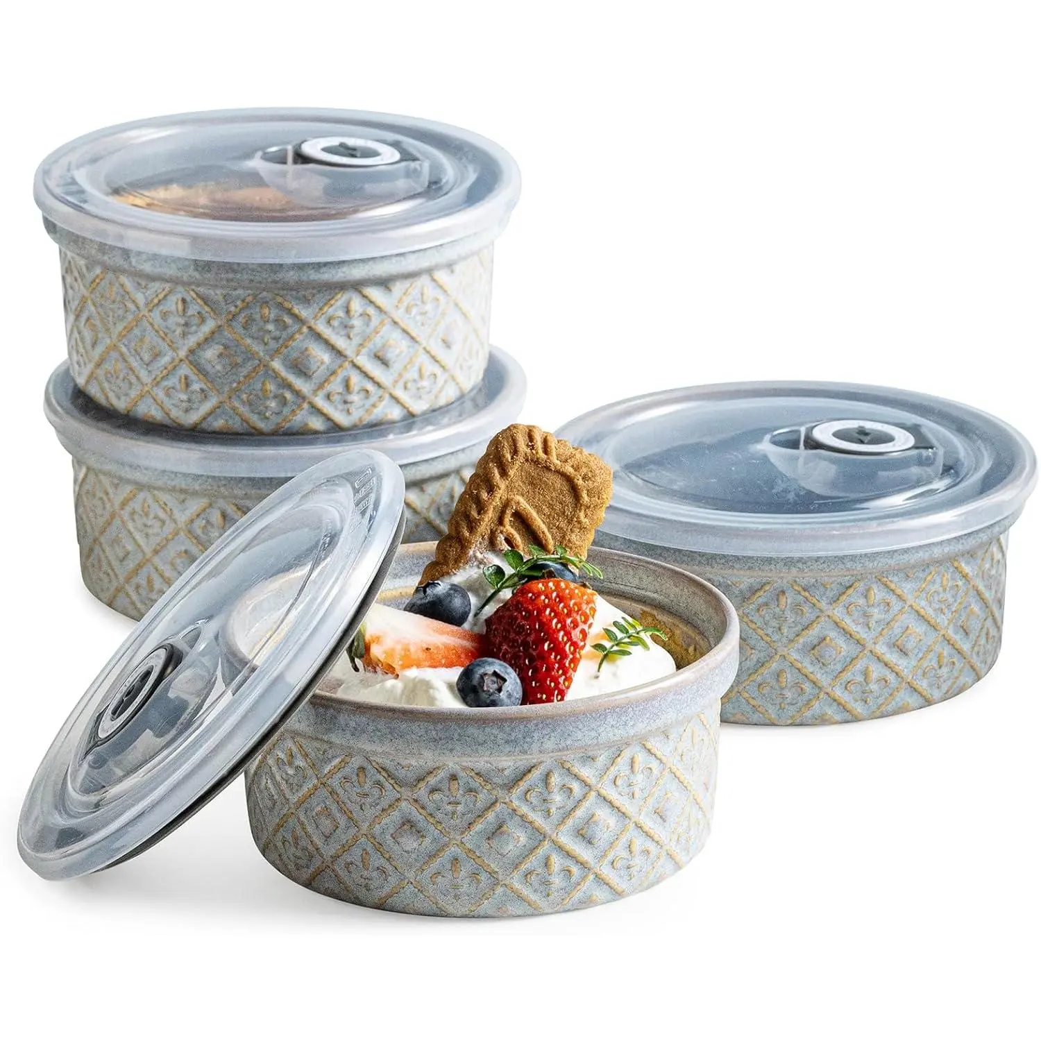 Ramekin Dish Set of 4, 12 oz Creme Brulee Ramekins with Lids, Ceramic Ramekins for Serving Dips, Lava Cake, Pudding, Souffle, Baking Bowls Set Dishwasher and Oven Safe, Gray