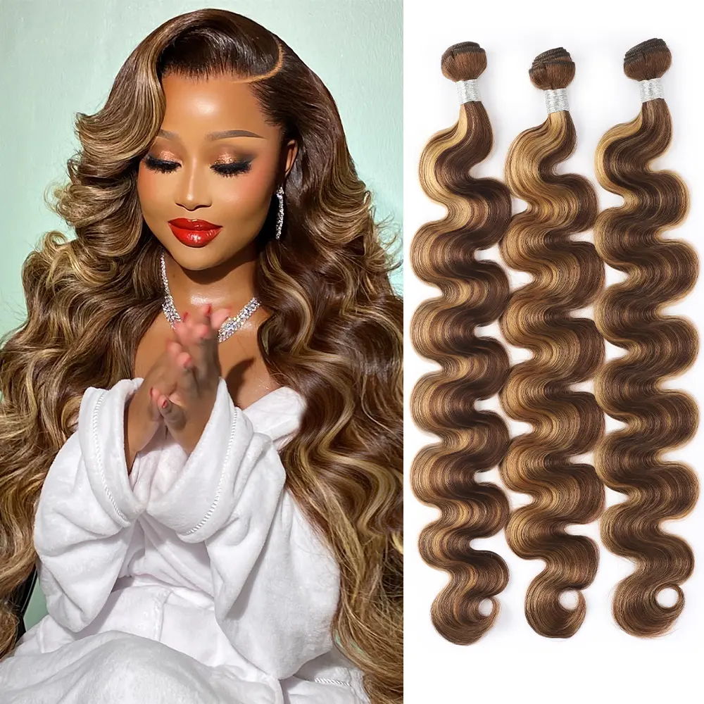 P4-27 Honey Blonde Piano Highlight Brazilian Virgin Human Hair Bundles, Volumizing Loose Deep Wave Weave Extensions, Soft Flow Hair Extension for Sew-In