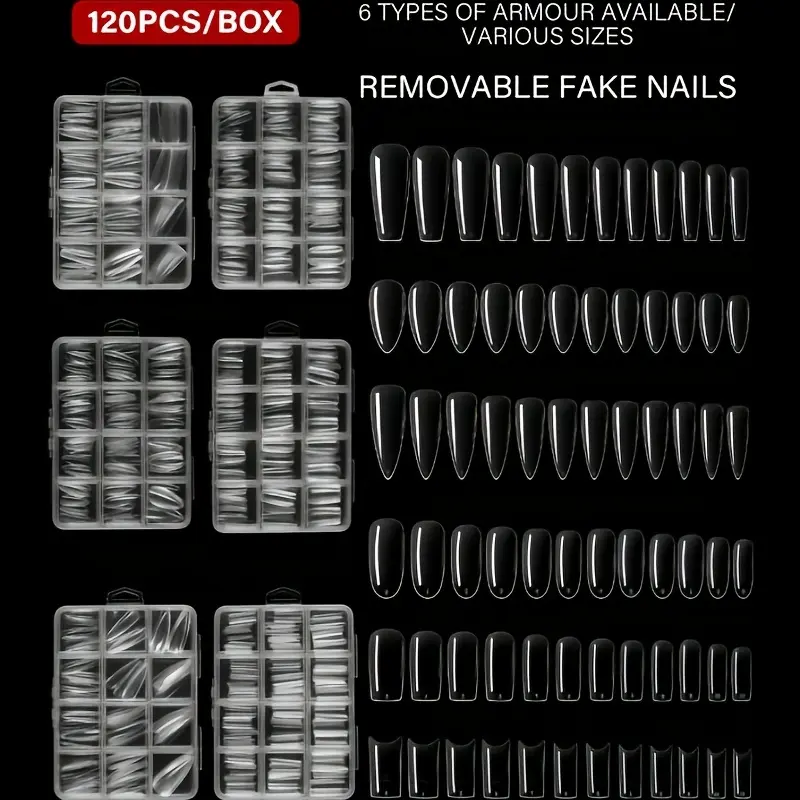 120pcs Transparent Coffin Almond Short Jeans Oval Square Other Shapes Diy Nails Art Stickers, Full Set Durable Acrylic False Nails for Extension & Trimming Tools, Fake Nails Extensions