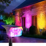 [Halloween Decorations] 63 LED RGB Solar Spot Lights, IP65 Waterproof, 9 Lighting Modes, Solar Flood & Spot Lighting for Halloween Decorations, Outdoor Wall Light for Summer Garden Christmas, Solar Lights Flood & Spot Lighting