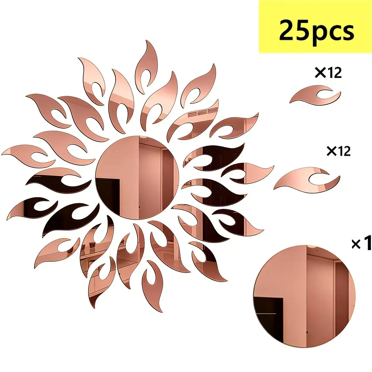 25PC, Rose gold sun shaped acrylic mirror Decorative wall sticker, DIY detachable wall sticker for home decoration lintel decoration, suitable for home decoration living room, bathroom, bedroom background wall decoration, Wall Decal