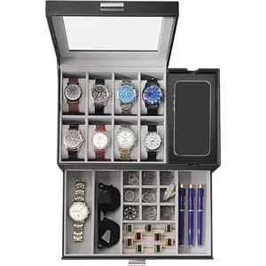 Watch Box, Watch Case for Men, 8 Slot Watch Display Case with Glass Lid, Large Watch Holder Organizer, Sunglass Storage Organizer for Watch, Ring, ,  Idea, PU Leather (Black)