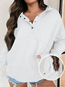 USBOUTIQUECHIC Women's Lightweight Hoodie Sweatshirt - Womenswear, Everyday Autumn Casual Top with Buttons, Drawstring, Long Sleeves, Pockets, Soft Comfortable Solid Color Style Pullover