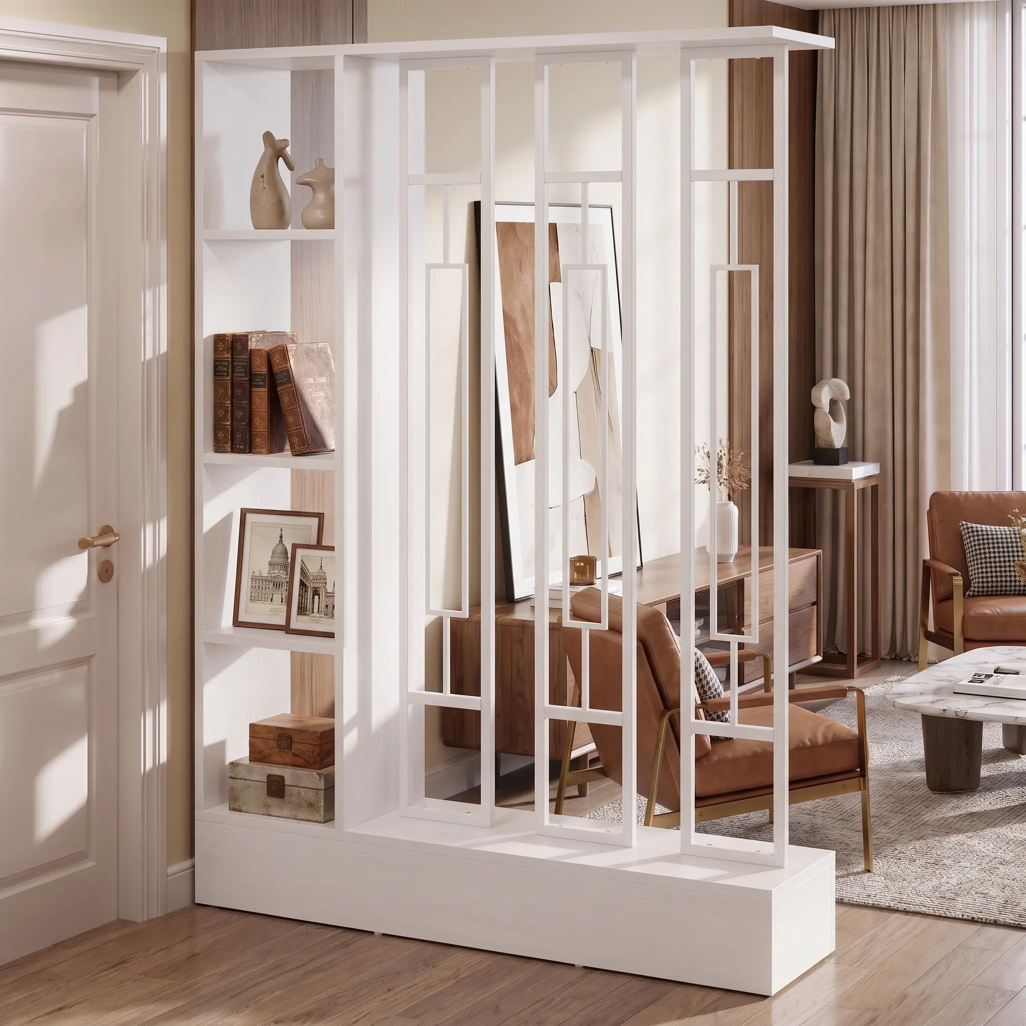 Spaco 70.9 in Freestanding Room Divider - MDF Frame, Metal Base, Open Shelves Privacy Panel - Modern Indoor Partition for Living Room, Home Office