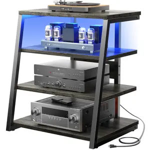 4-Tier AV Media Stand with Power Strips, Stereo Stand with LED Lights, Audio Tower Rack with Adjustable Shelves, Small Entertainment Center