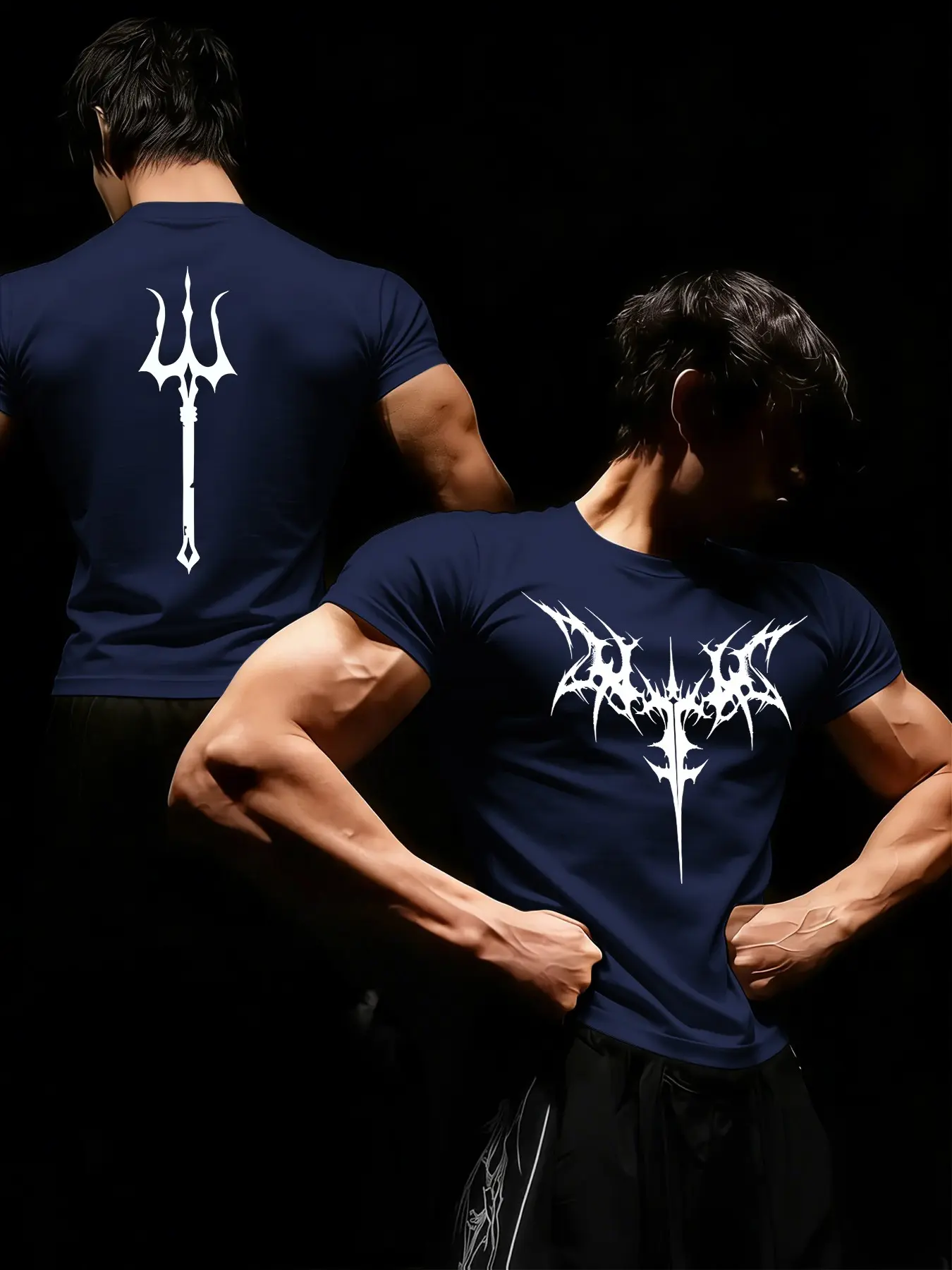 Men's Moisture Wicking Compression Shirt, Trident Print, Elastic Fabric, Suitable for Gym, Cycling, Running, Outdoor Sports, Sporty T Shirt, Compression Activewear