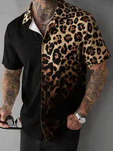 Men's Leopard Print Gradient Button-Down Short Sleeve Hawaiian Shirt, Streetwear, Nightclub, Party, Music Festival, Ootd